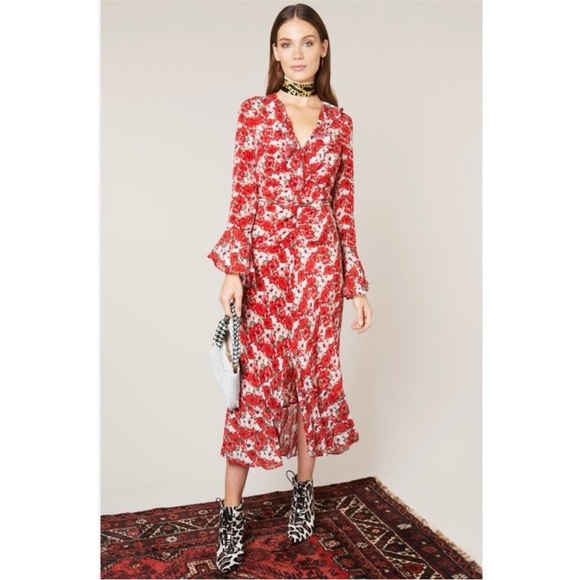 RIXO London 100% silk main red floral midi dress NWT - Picture 1 of 12